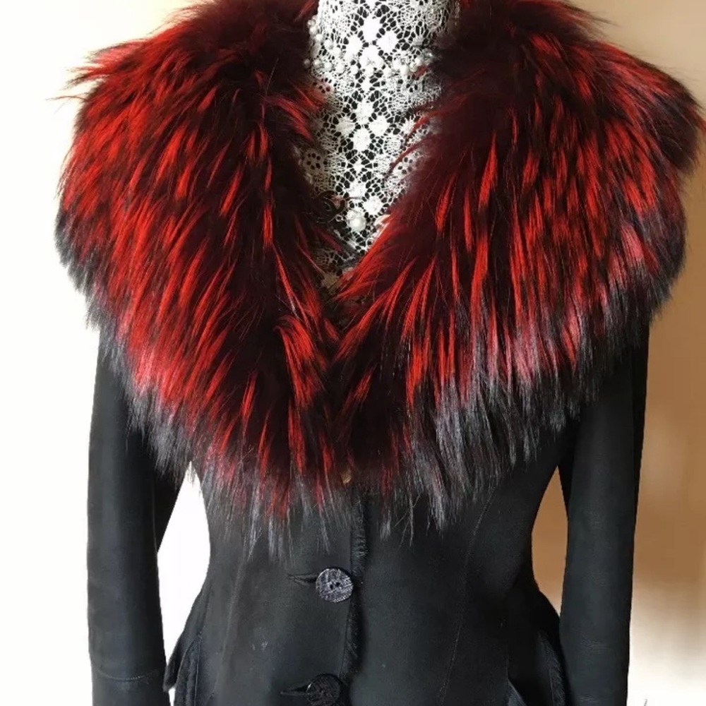 Gorgeous Black 100% Italian Shearling Sheepskin & Fox Jacket Coat Sz S/M